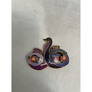 Cloisonne Enamel 2 Swans Floral Detailing Pin Brooch Purple Gold Metal Vintage